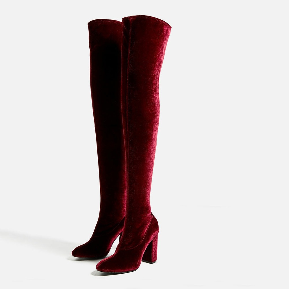 ZARA Over the Knee Maroon Velvet Boots